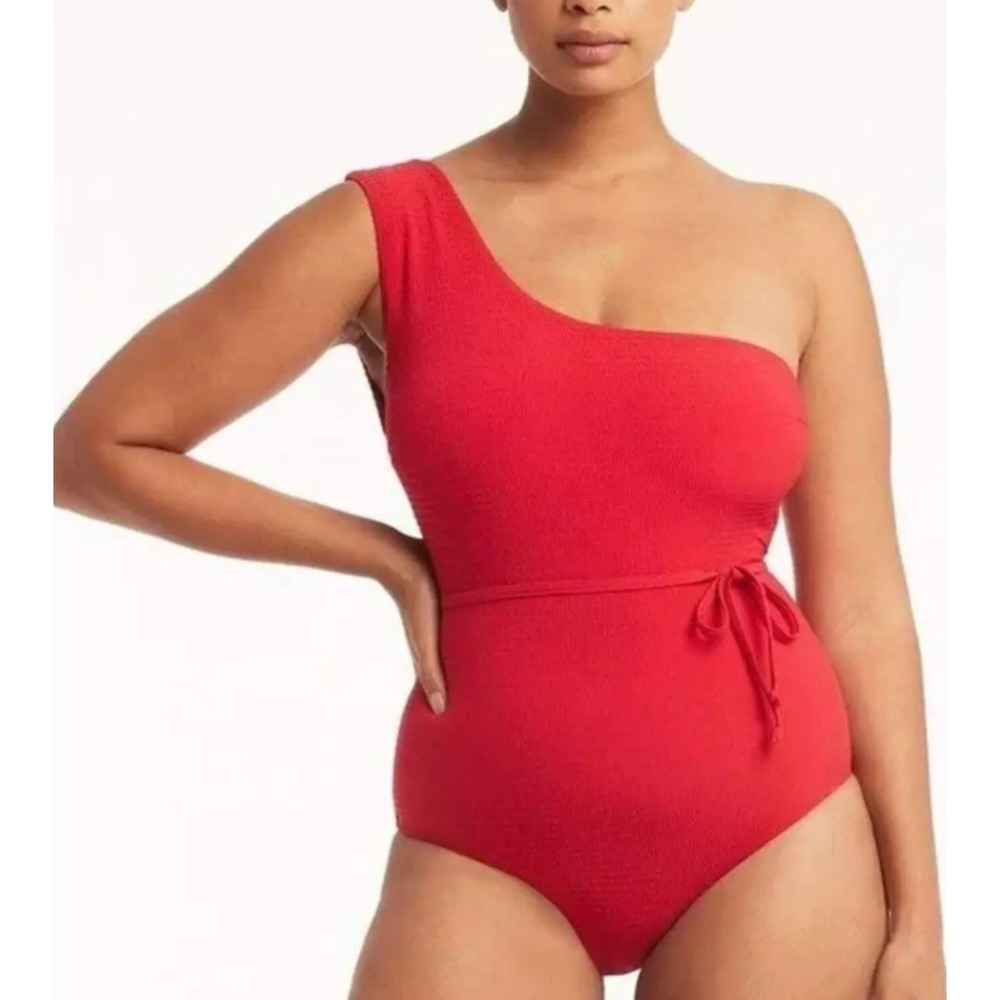 Sea Level Swim Messina 12‎ Red One Shoulder Textured Belted Resort Swimwear